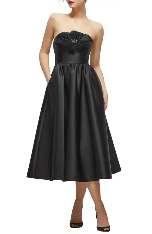 Floral Embellished Strapless Fit & Flare Midi Cocktail Dress