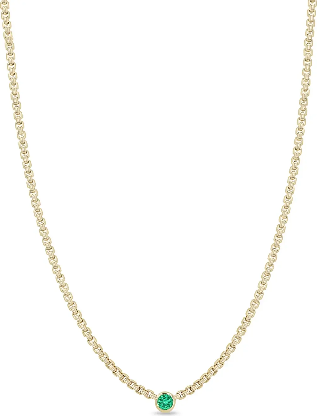 Floating Emerald Puffed Box Chain Necklace in 14K Yellow Gold by Zoë Chicco