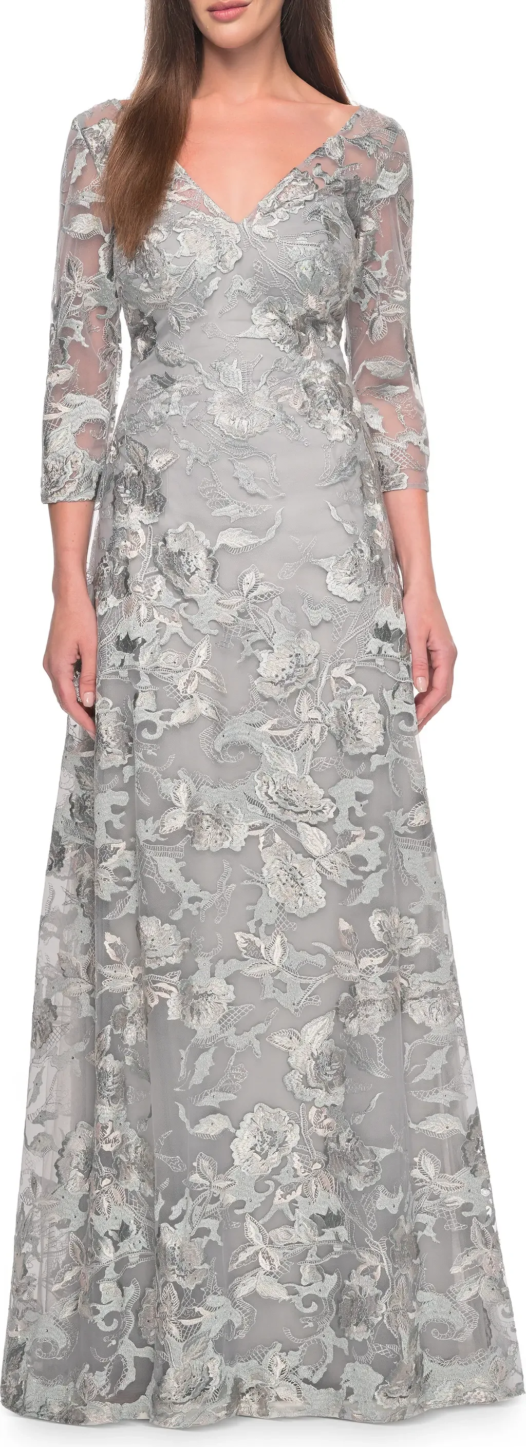 Unique Silver Lace Mother of the Bride Gown with Sleeves by La Femme