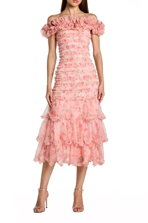 Floral Off the Shoulder Ruffle Midi Dress by Mac Duggal