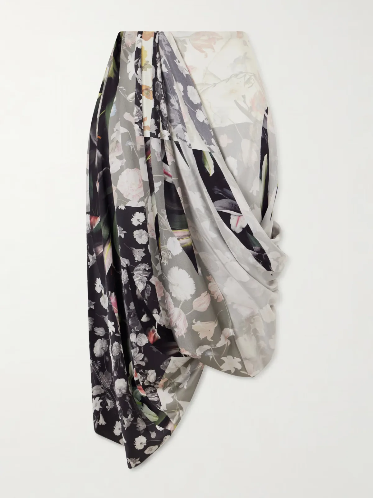 - Asymmetrical Draped Floral-print Silk-satin Midi Skirt -