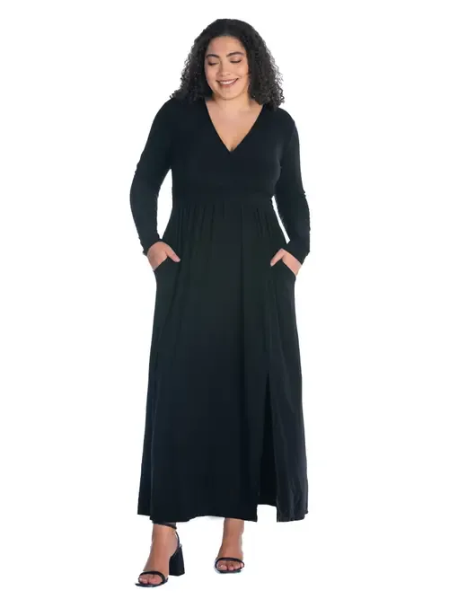 Long Sleeve V Neck Side Slit Maxi Dress by 24seven Comfort Apparel