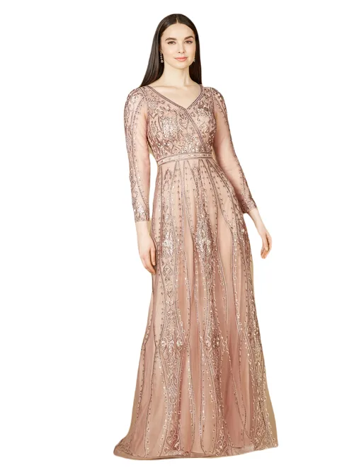 Long Illusion Sleeves, A-Line Long Gown by LARA New York