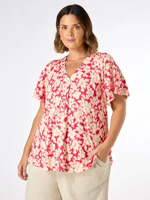 Floral Print Jersey Pleat Front Top by Live Unlimited