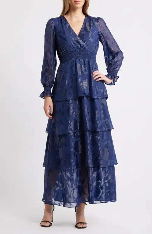 Metallic Floral Long Sleeve Tiered Dress by Anne Klein