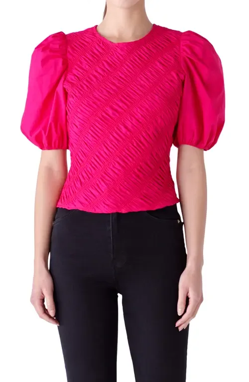 Asymmetric Shirred Puff Sleeve Top by English Factory