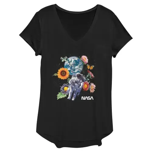Floral Astronaut in Space Short Sleeve V-Neck T-Shirt by NASA