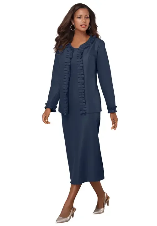 Long Sleeve Pleated Jacket Dress Set Elegant 2 Piece Sheath Suit by Roaman's