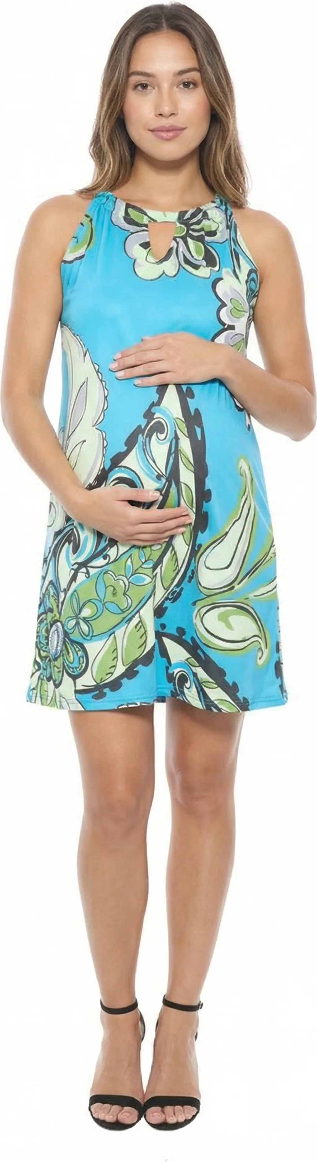Maternity Paisley Knee Length Sleeveless Keyhole Dress by 24seven Comfort Apparel