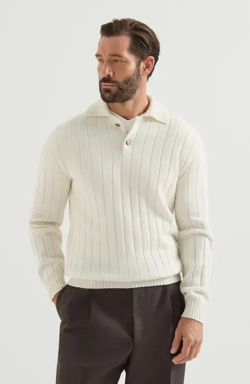 Cashmere Ribbed Knit Polo by Brunello Cucinelli
