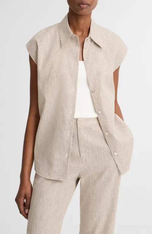 Ticking Stripe Cap Sleeve Linen & Cotton Button-Up Shirt by Vince