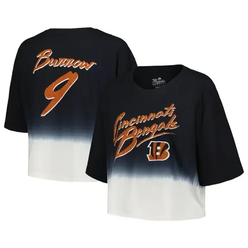 Majestic Threads Joe Burrow Cincinnati Bengals Dip-Dye Player Name & Number Crop Top by Majestic Threads