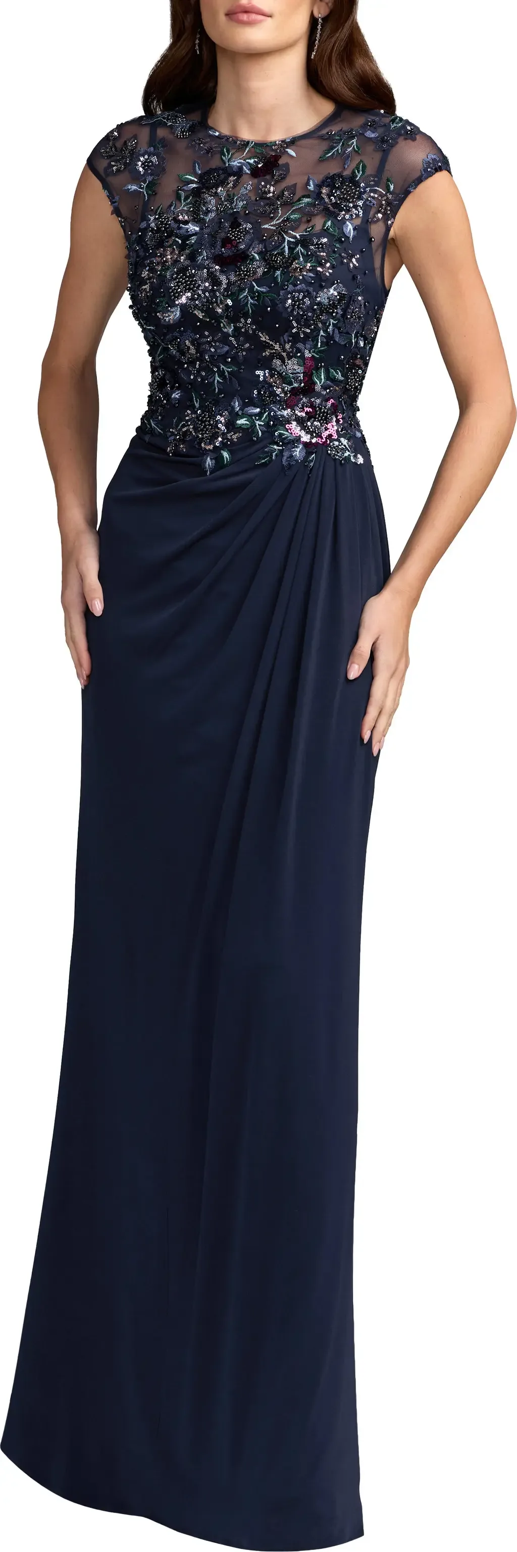 Embroidered Cap Sleeve Jersey Gown by Mac Duggal
