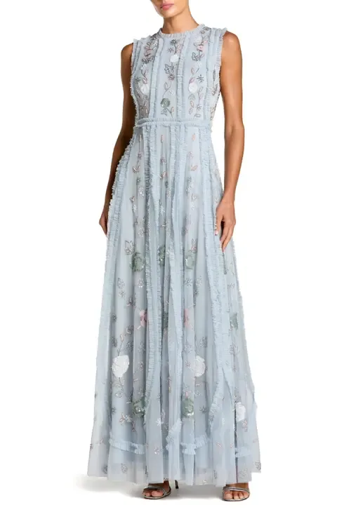 Floral Mesh Sleeveless a Line Micro Ruffle Gown by Mac Duggal