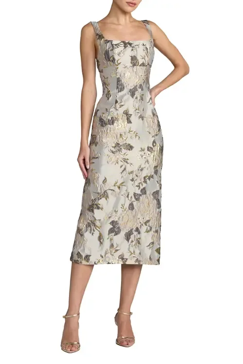 Brocade Sleeveless Square Neck Midi Dress