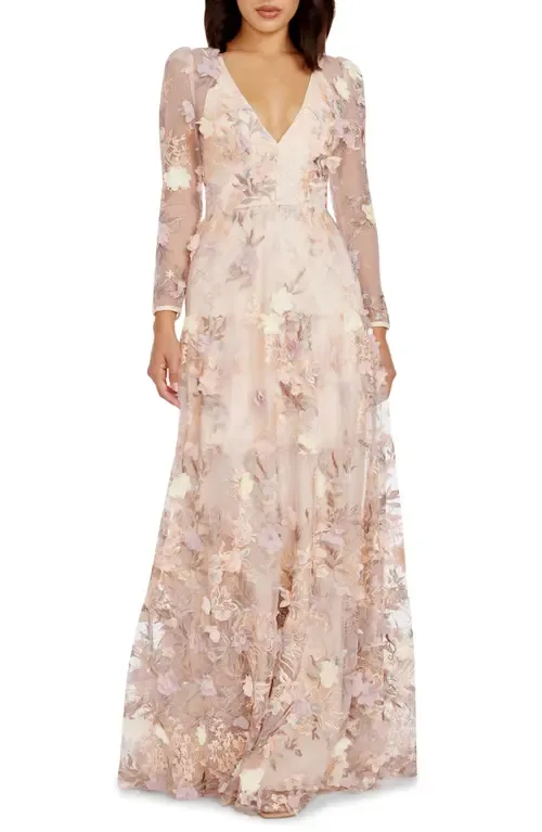 Angelina Floral Embroidery Long Sleeve Gown by Dress the Population