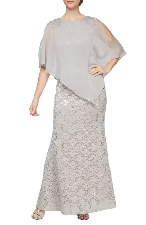Beaded Lace & Chiffon Capelet Gown by SL FASHIONS