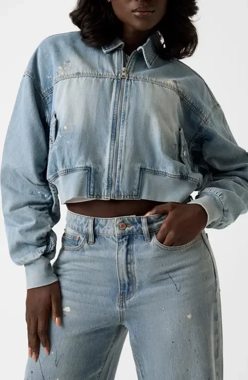 Anna Distressed Crop Denim Bomber Jacket by GUESS