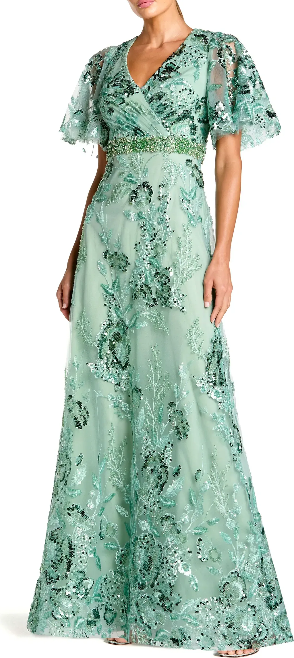 Floral Embellished Short Sleeve Faux Wrap Gown by Mac Duggal