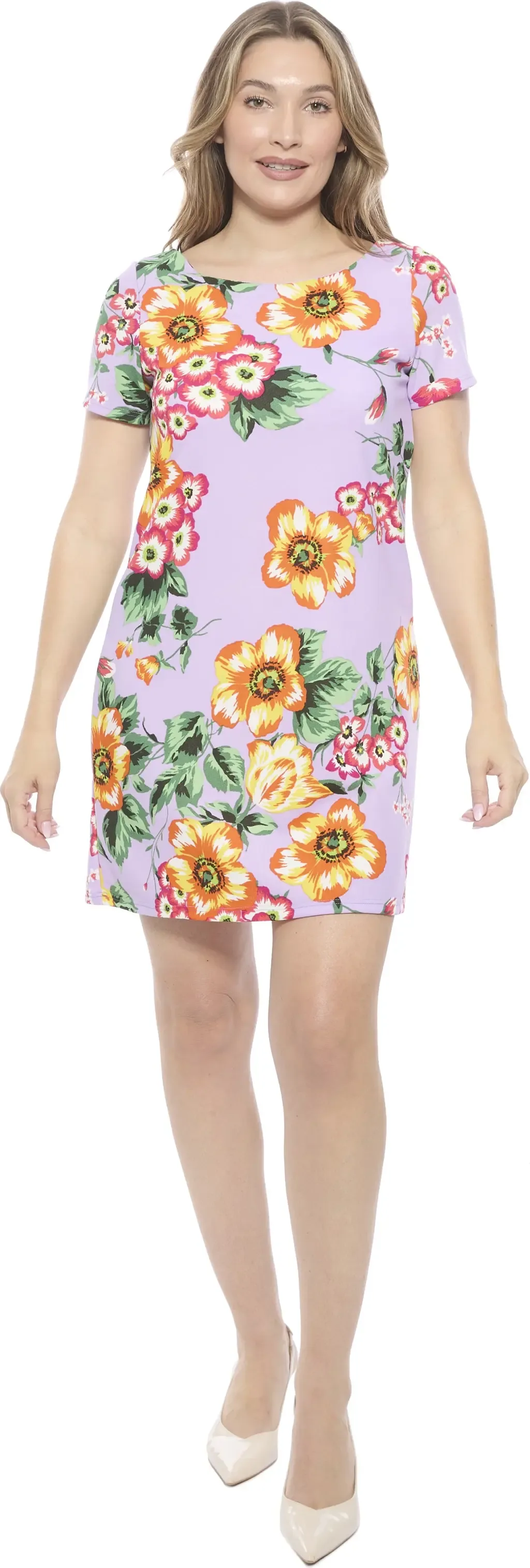Floral Short Sleeve Round Neck Mini Shift Dress by 24seven Comfort Apparel