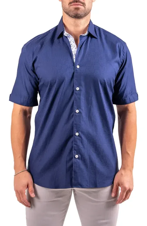 Galileo Resistance0143 Blue Geo Jacquard Short Sleeve Cotton Button-Up Shirt by Maceoo