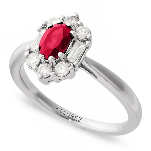Oval Lab Ruby & Diamond Halo Ring 14K by ALLUREZ