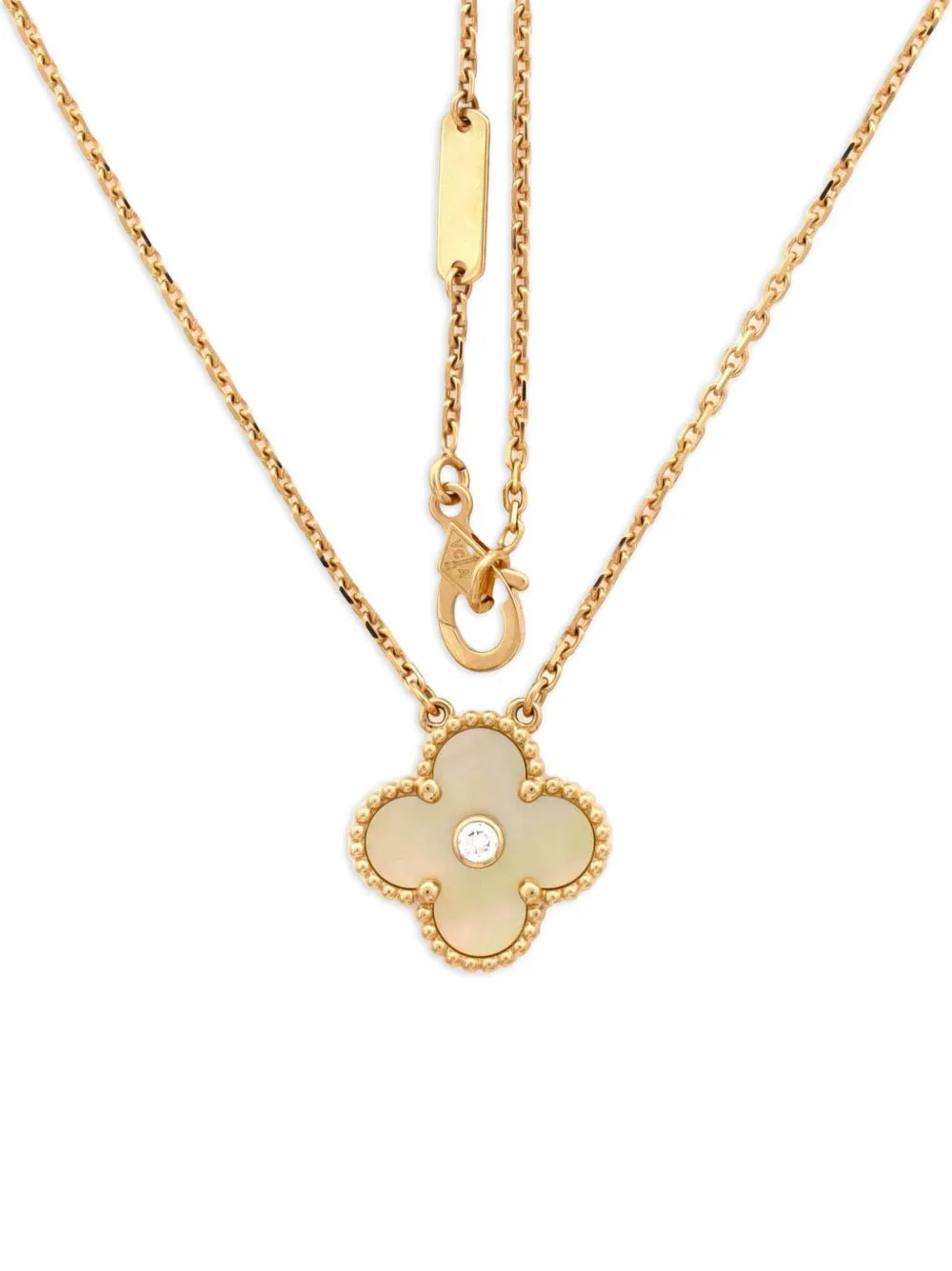 Vintage Alhambra Pendant 18K Yellow Gold and Gold Mother of Pearl with Diamond Necklace by Van Cleef & Arpels Pre-Owned