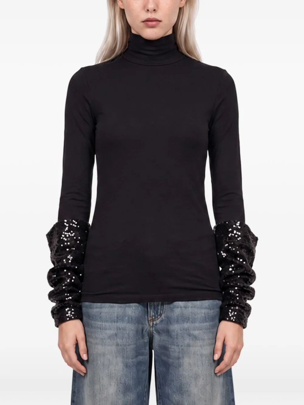 Sequin-Embellished Ruched-Sleeve Top by DARKPARK