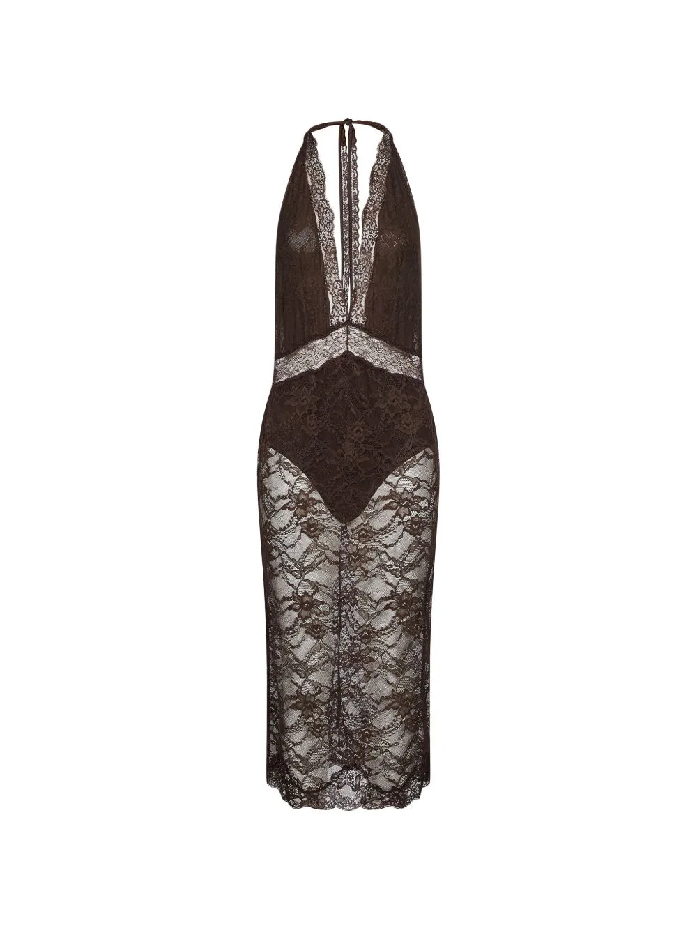Floria Lace-Overlay Halterneck Fitted Midi Dress by THE ANDAMANE