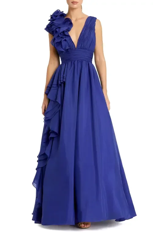 Ruffle Shoulder V-Neck Chiffon Gown by Mac Duggal