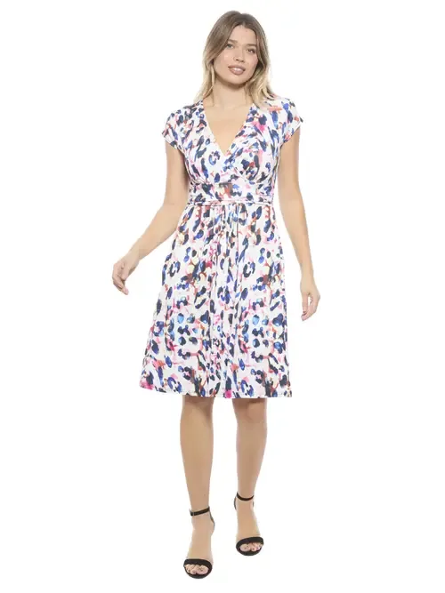 Essential Abstract V-Neck Cap Sleeve Knee Length A-Line Pocket Dress by 24seven Comfort Apparel