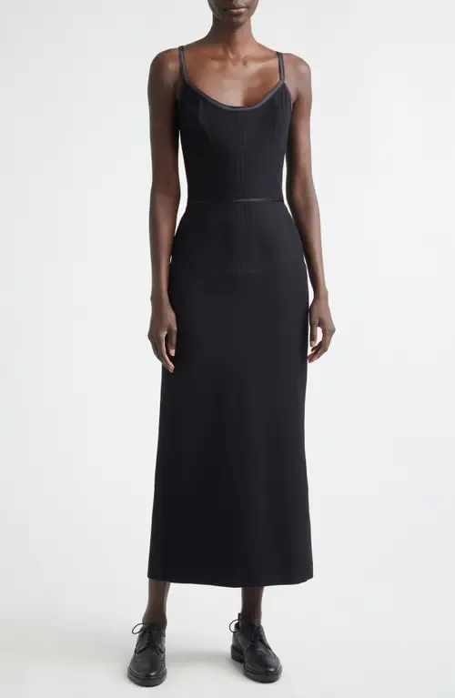 Satin Tipped Whipcord Wool Corset Maxi Dress