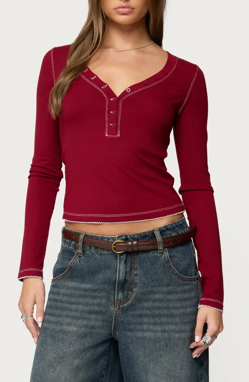 Yael Contrast Stitch Henley by EDIKTED