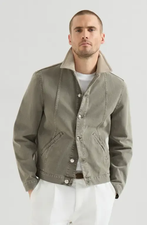 Garment-Dyed Outerwear Jacket in Denim with Leather Collar by Brunello Cucinelli
