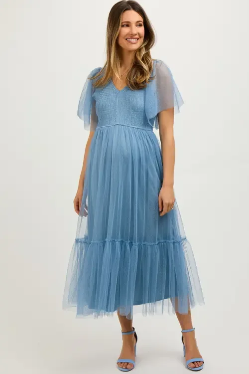 Dotted Tulle Smocked Midi Dress by PinkBlush