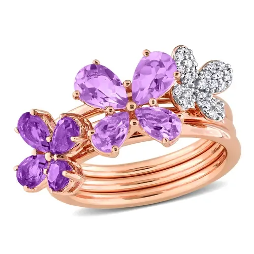 Amethyst & Diamond Floral 3-Piece Ring Set by Julianna B.