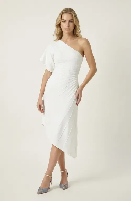 One Shoulder Knitted Dress with Slim Waist and Flared Hem by Modenaire