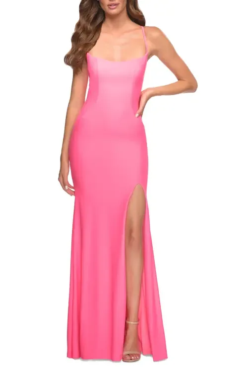 Neon Long Prom Dress in Luxurious Jersey with Slit by La Femme