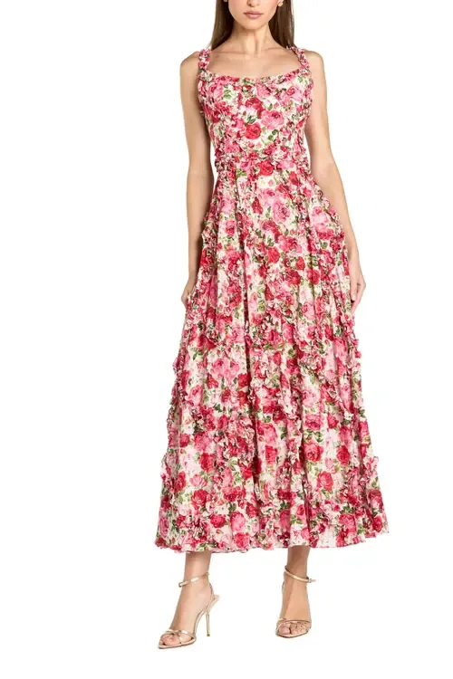 Floral Cotton Ruffle Square Neck Ankle Dress by Mac Duggal