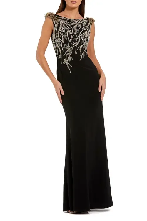 Hand Beaded Cap Sleeve Jersey Gown by Mac Duggal