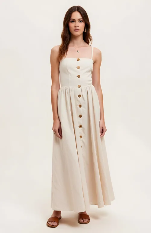 Button Front Midi Dress with Spaghetti Straps and Side Pockets by Modenaire