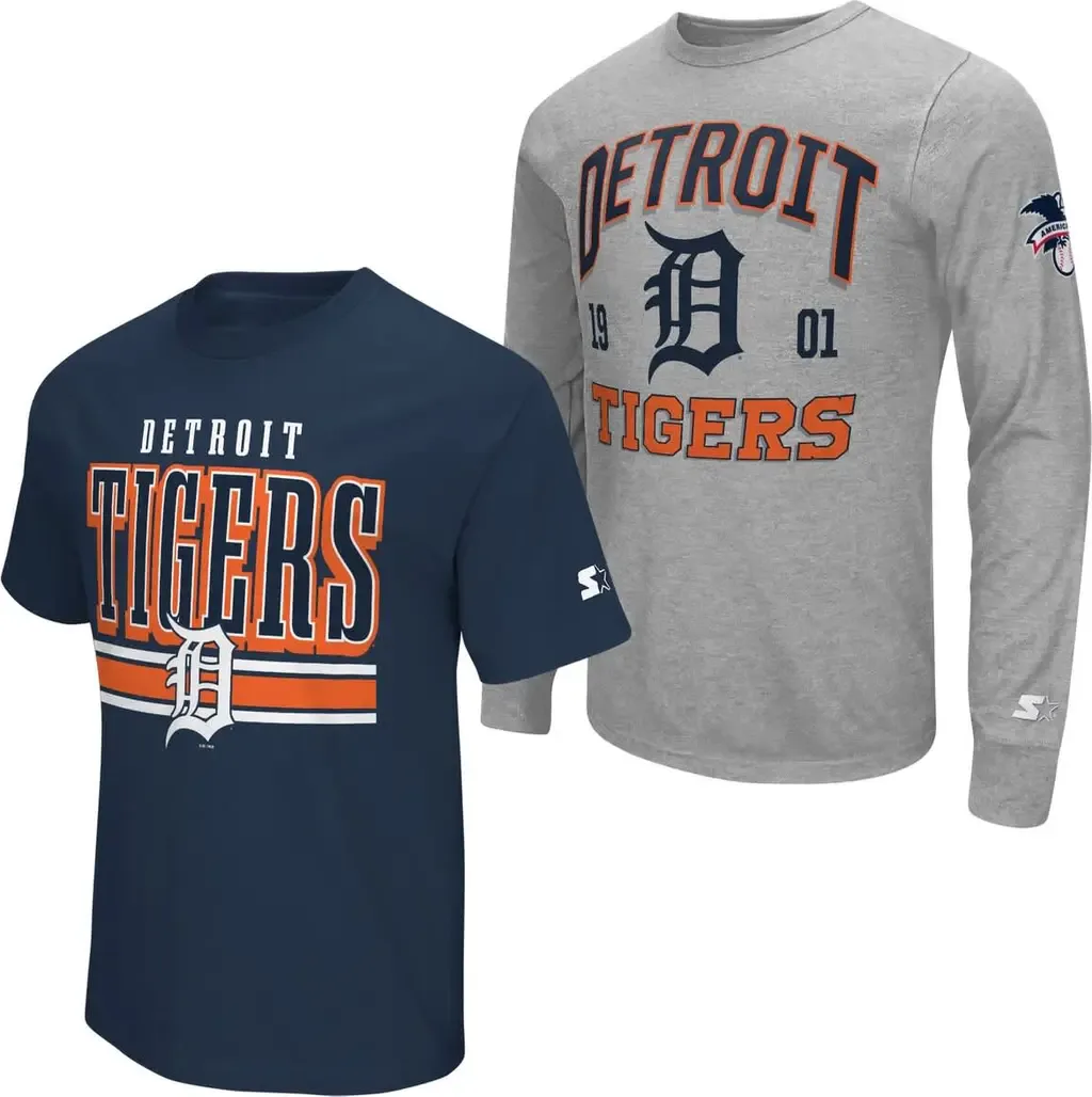 Starter Heather Gray/Navy Detroit Tigers Two-Pack Long Sleeve & Short Sleeve T-Shirt Set by STARTER