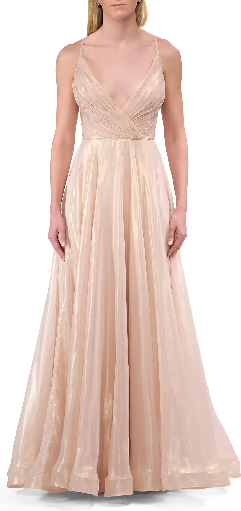 Metallic Chiffon Gown with Ruched Bodice and Slit by La Femme