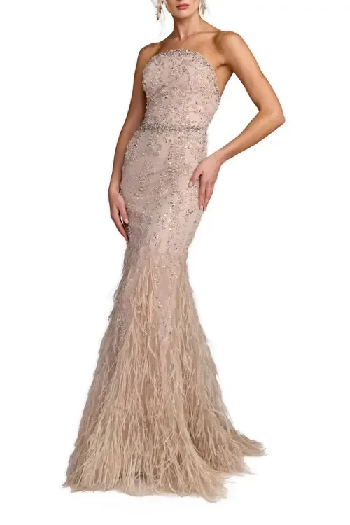 Strapless Beaded Net Trumpet Gown with Feathers by Mac Duggal