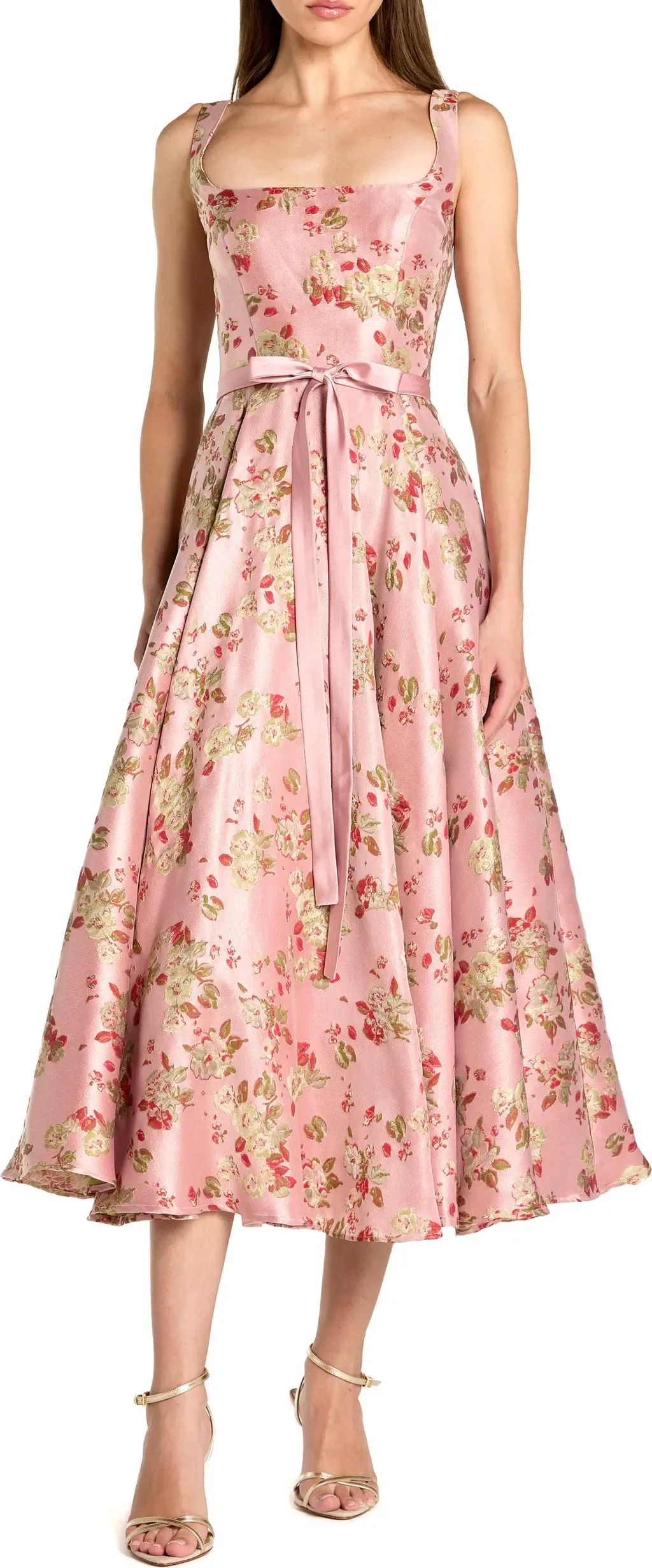 Floral Brocade Square-Neck Midi Dress