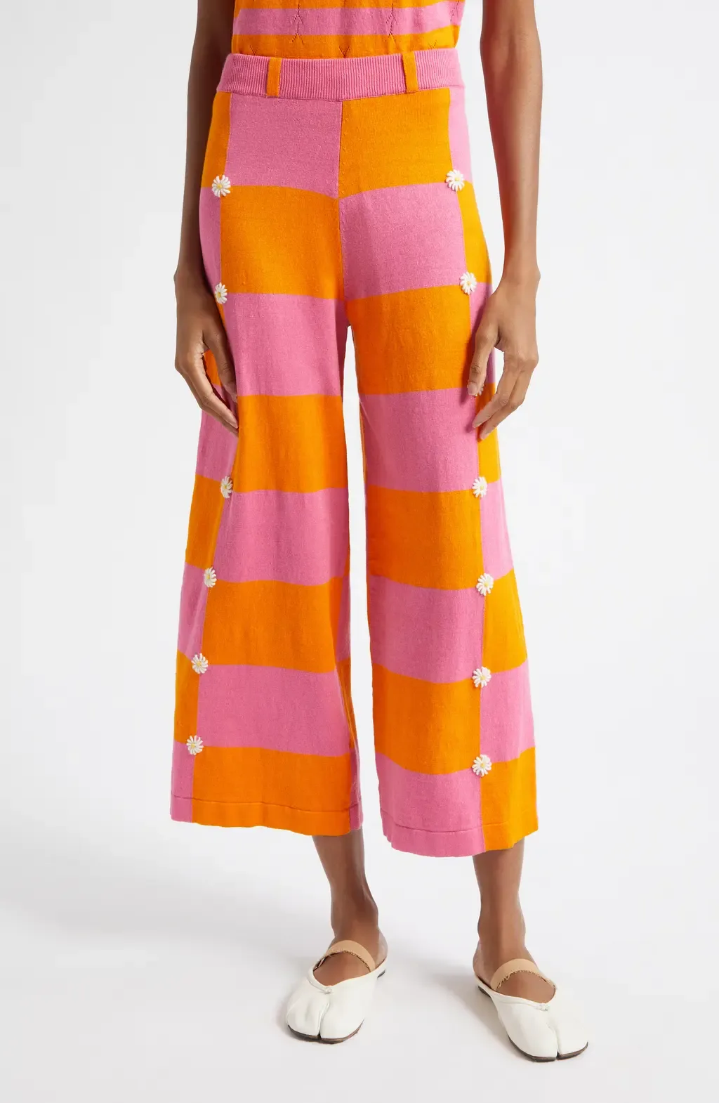 Daisy Intarsia Check Linen Blend Wide Leg Pants by YanYan