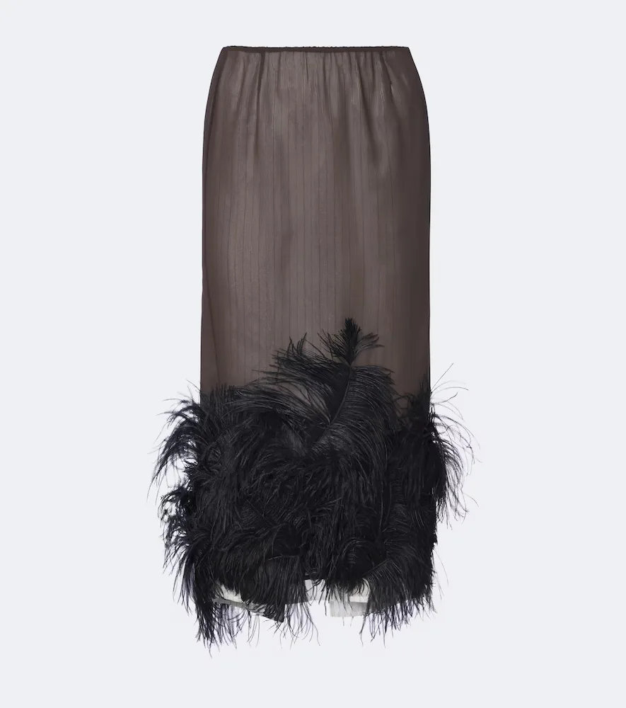 Feather-Trimmed Striped Midi Skirt by The Attico
