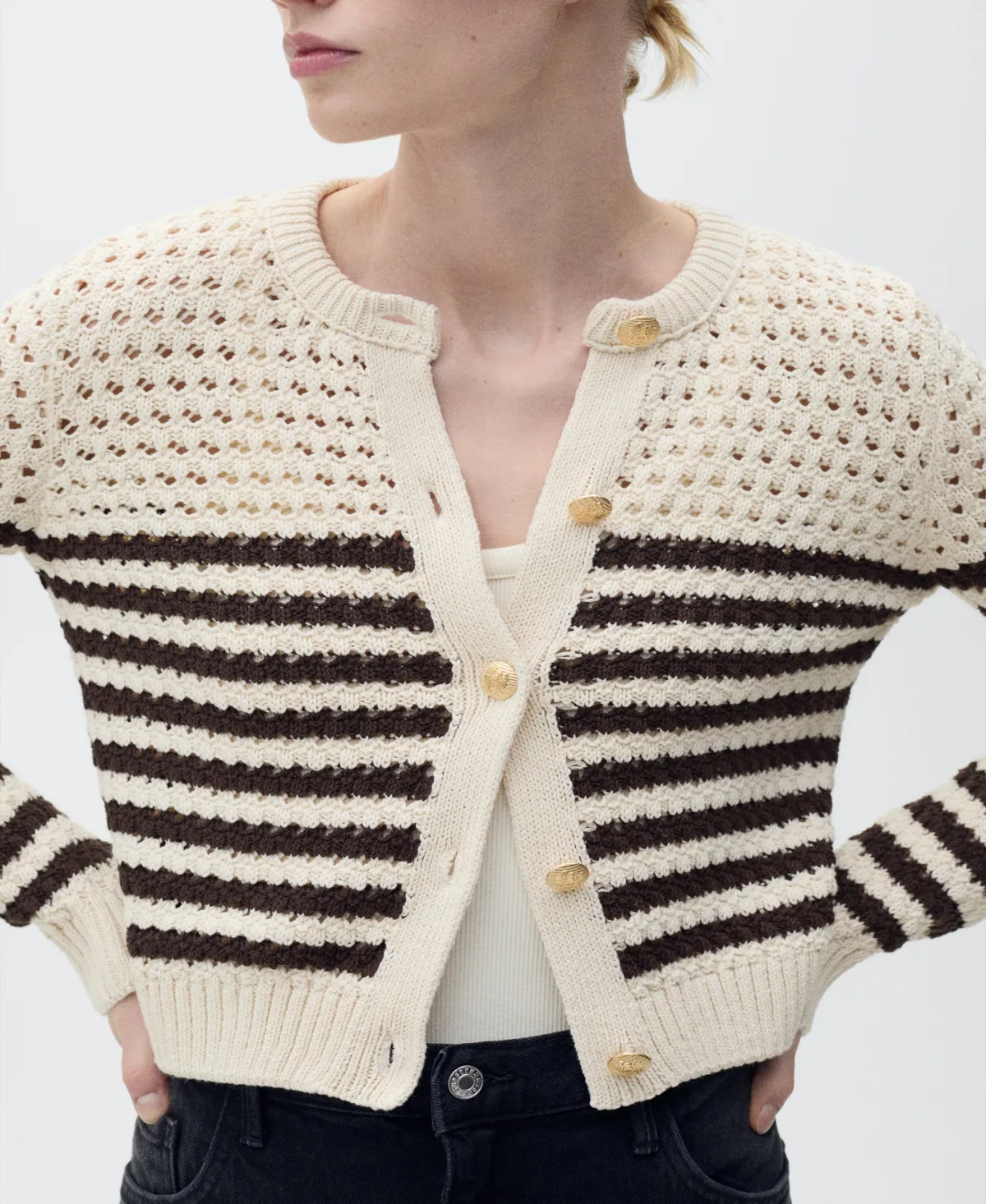 Striped Openwork Knitted Cardigan Sweater by Mango