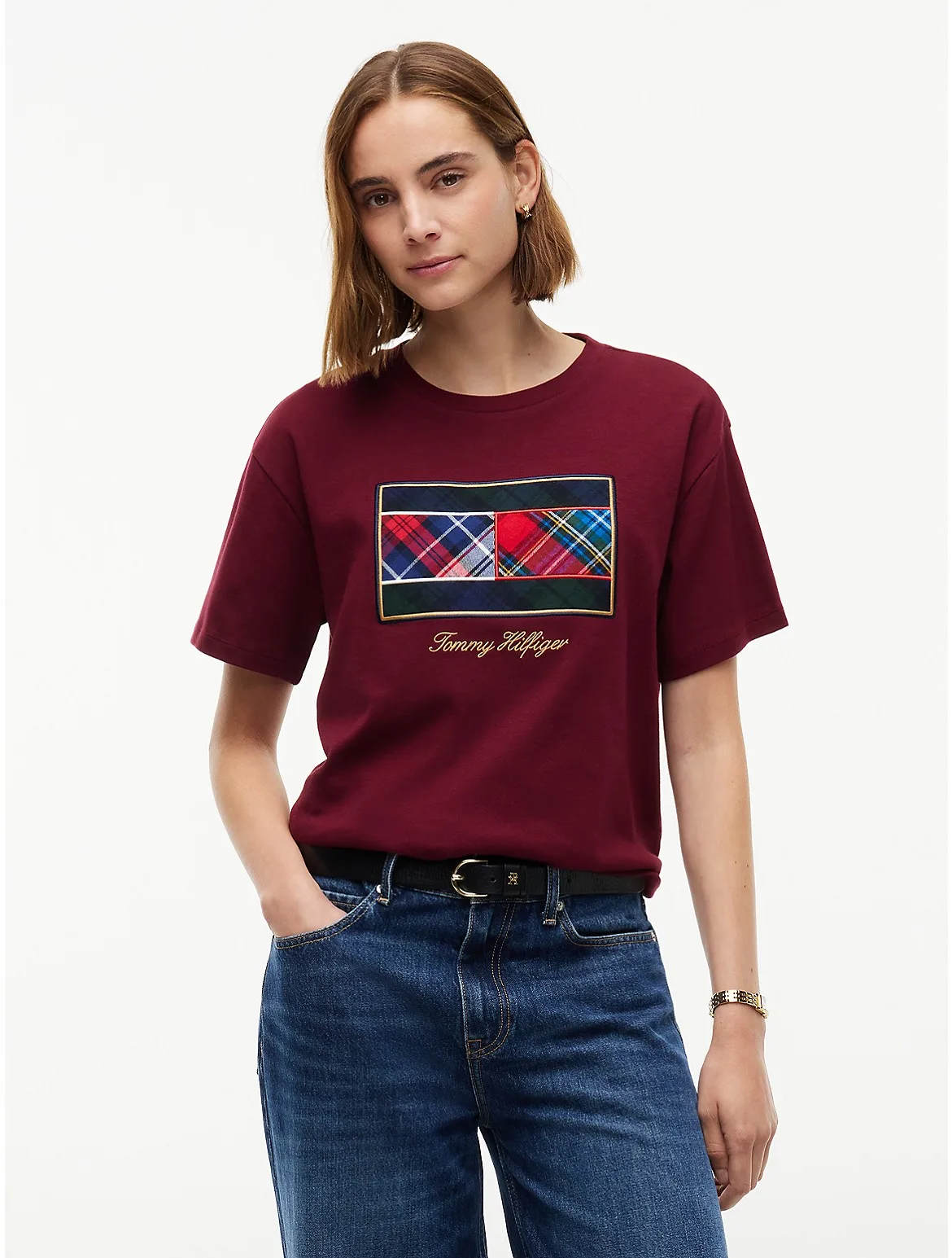 Mixed-Plaid Flag Logo Interlock T-Shirt by Tommy Hilfiger