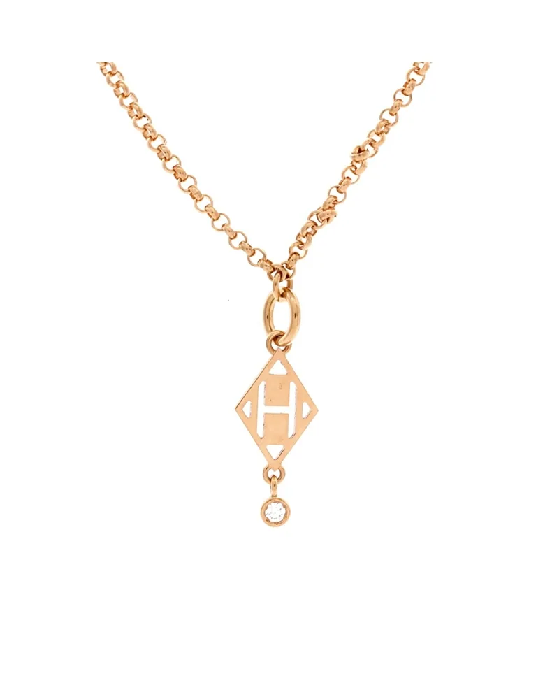 Pre-Owned Hermes Gambade H Pendant Necklace 18K Rose Gold with Diamond, 16.5 by Hermes